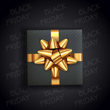 Holiday gift box with golden bow on black background with text Black Friday Sale. Illustration can be used for holiday design, advertisement, cards, banner, coupon, discount, sale.のイラスト素材