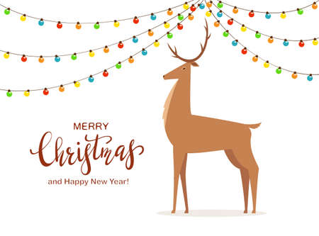 Deer and colorful Christmas lights. Merry Christmas and animal isolated on white background. Illustration can be used for holiday design, card, children's clothing or things design, invitation, bannerのイラスト素材