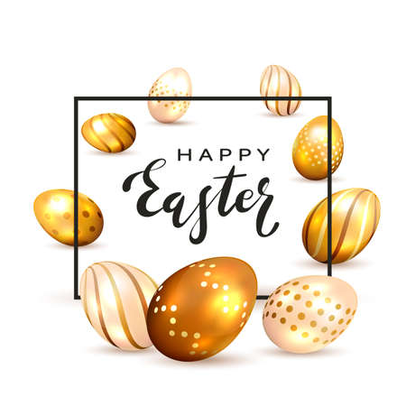 Black border with lettering Happy Easter and golden Easter eggs on a white background. Holiday decorations. Illustration can be used for holiday design, poster, banner, greeting card, website.のイラスト素材