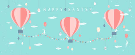 Easter eggs and cute rabbits with pennants and hot air balloons on blue background. Lettering Happy Easter. Illustration in flat cartoon style can be used for holiday design, banners, greeting cards.のイラスト素材