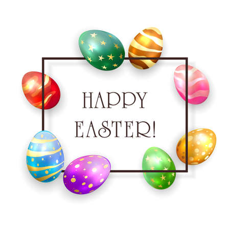 Black border with lettering Happy Easter and colored Easter eggs on a white background. Holiday decorations. Illustration can be used for holiday design, poster, banner, greeting card, website.のイラスト素材