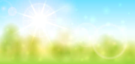 Banner with bright Sun in the blue sky. Spring or summer nature. Summertime or springtime. Earth Day holiday theme. Illustration can be used for holiday design, poster, banner, card, website, backdropのイラスト素材