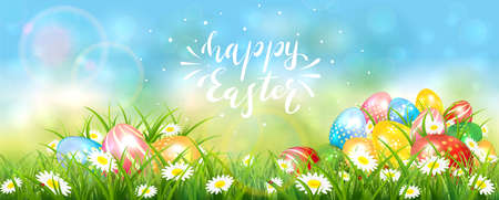 Easter banner with colorful eggs in the grass with flowers. Lettering Happy Easter on blue sky background. Spring nature. Illustration can be used for holiday design and greeting card.のイラスト素材