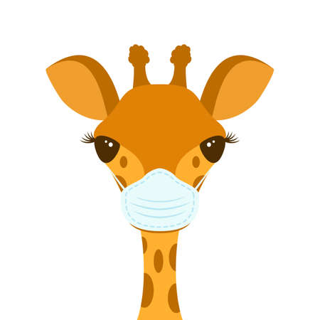 Cute giraffe wears a medical protective mask on its face due to a virus or disease. Protecting health from infectious, disease and coronavirus. Illustration with a flat cartoon characters.のイラスト素材