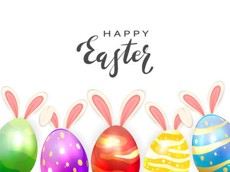 Lettering Happy Easter on white background with colored Easter eggs and rabbit ears. Illustration with holiday elements can be used for holiday design, banner and greeting cards.のイラスト素材