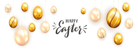 Black lettering Happy Easter and hanging golden Easter eggs on holiday white background. Illustration with decorations can be used for holiday design, greeting cards, banners, backgrounds.のイラスト素材