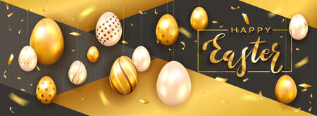 Black lettering Happy Easter on white card and hanging golden Easter eggs on holiday black and gold background. Illustration with holiday decorations can be used for holiday design, cards, banners.のイラスト素材