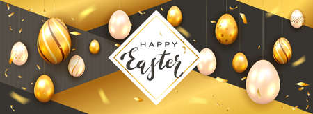 Golden lettering Happy Easter and hanging golden Easter eggs on holiday black and gold background. Illustration with holiday decorations can be used for holiday design, cards, banners, backgrounds.のイラスト素材