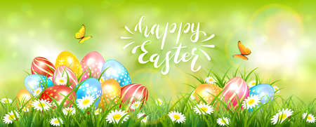 Easter banner with colorful eggs in the grass with flowers and butterflies. Lettering Happy Easter on green background. Spring nature. Illustration can be used for holiday design and greeting card.のイラスト素材