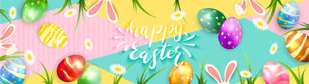 Lettering Happy Easter on colored geometric background with Easter eggs, flowers in grass and rabbit ears. Illustration with holiday elements can be used for holiday design, banner and greeting cards.のイラスト素材