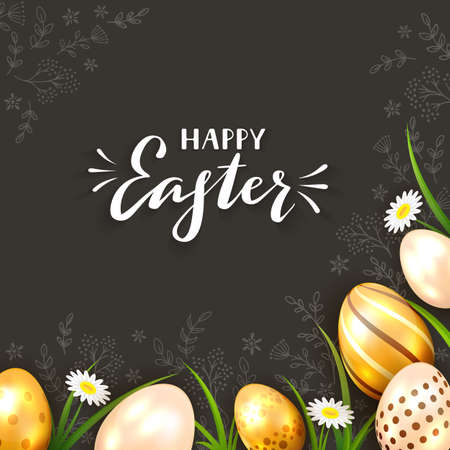 Golden Easter eggs on black background with floral pattern, grass with flowers and white lettering Happy Easter. Illustration can be used for holiday design, banner, website, greeting cards.のイラスト素材