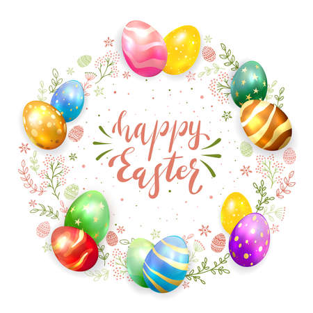 Holiday card with colorful Easter eggs and floral elements. Lettering Happy Easter isolated on white background. Illustration can be used for holiday design, banner, website, greeting cards.のイラスト素材