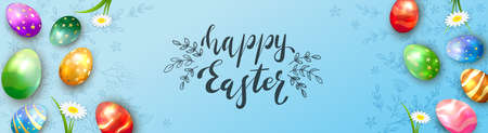 Colorful Easter eggs on blue banner with flowers, floral pattern and lettering Happy Easter. Illustration can be used for holiday design, banner, website, greeting cards.のイラスト素材