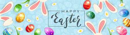 Lettering Happy Easter on blue banner with Easter eggs, flowers in grass and rabbit ears. Illustration with holiday elements can be used for holiday design, banner, website and greeting cards.のイラスト素材