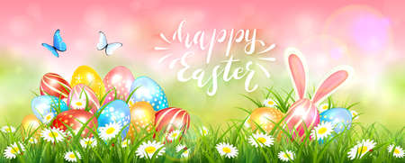 Easter banner with colorful eggs in the grass with flowers, rabbit ears and butterflies. Lettering Happy Easter on pink nature background. Illustration can be used for holiday design and greeting cardのイラスト素材