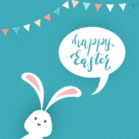 Cute Easter rabbit with ears and speech bubble with lettering Happy Easter on blue background. Holiday theme with pennants. Illustration can be used for holiday design, banners, greeting cards.のイラスト素材