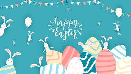 Colorful Easter eggs and cute rabbits with pennants and balloons on blue background. Lettering Happy Easter. Illustration in flat cartoon style can be used for holiday design, banners, greeting cards.のイラスト素材