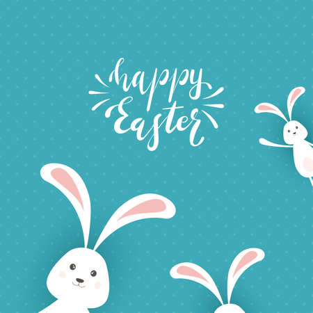 Cute Easter rabbits with ears and lettering Happy Easter on blue background. Holiday theme with bunny. Illustration can be used for holiday design, banners, website, greeting cards.のイラスト素材