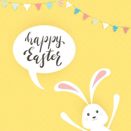 Cute Easter rabbit with ears and speech bubble with lettering Happy Easter on yellow background. Holiday theme with pennants. Illustration can be used for holiday design, banners, greeting cards.のイラスト素材