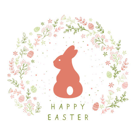 Holiday card with rabbit, Easter eggs and floral elements. Text Happy Easter isolated on white background. Illustration can be used for holiday design, banner, website, greeting cards.のイラスト素材