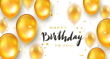 Golden holiday balloons and confetti on white background with lettering Happy Birthday. Illustration can be used for holiday design, poster, card, website, banners, greeting cards.のイラスト素材