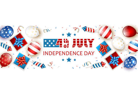 Independence day background. Text 4th of July with balloons, gift boxes and rocket fireworks. White Independence day Theme. Illustration can be used for holiday design, banners, cards, posters.のイラスト素材