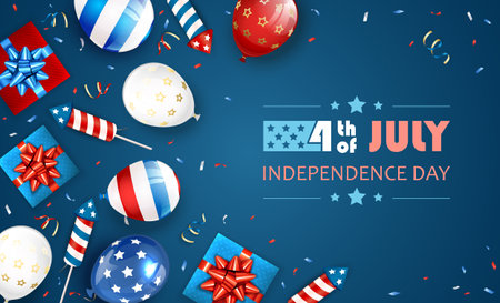 Blue Independence day Theme. Lettering 4th of July with balloons, gift boxes and rocket fireworks. Independence day background. Illustration can be used for holiday design, banners, cards, posters.のイラスト素材