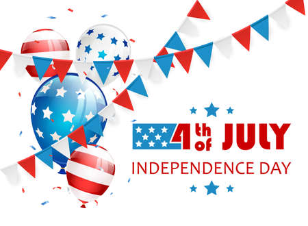 Independence day Theme. Lettering 4th of July with balloons and pennants. Independence day White background. Illustration can be used for holiday design, banners, cards, posters.のイラスト素材
