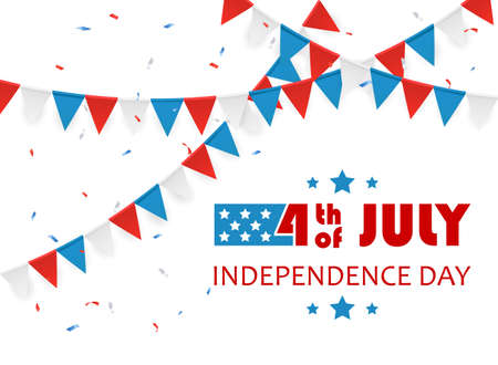 Independence day Theme. Lettering 4th of July with colored pennants. Independence day White background. Illustration can be used for holiday design, banners, cards, posters.のイラスト素材