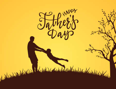 Silhouette of father and son with lettering Happy Fathers Day. The concept of happy family on orange background can be used for holiday design, cards, posters, banners, illustration.のイラスト素材
