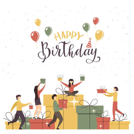Happy people celebrate birthday. Holiday balloons and gift boxes on white background. Lettering Happy Birthday. Flat cartoon illustration can be used for holiday design, poster, card, website, bannersのイラスト素材