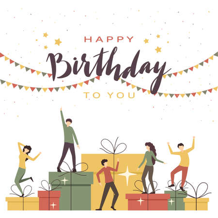 Happy Birthday party and dancing people on big gifts. Men and women having fun and celebrate birthday. Flat cartoon illustration can be used for holiday design, cards, invitation, banners, posterのイラスト素材