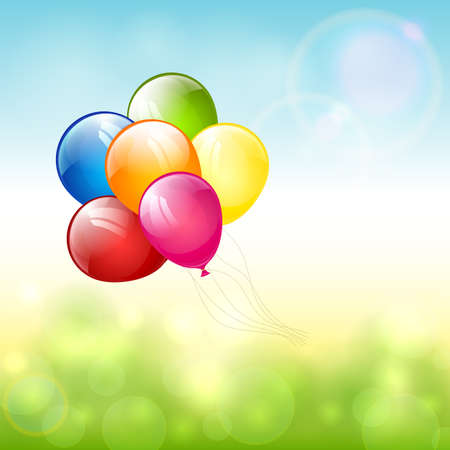 Holiday colored balloons flying on nature background. Birthday theme. Illustration can be used for holiday design, poster, card, website, banners.のイラスト素材