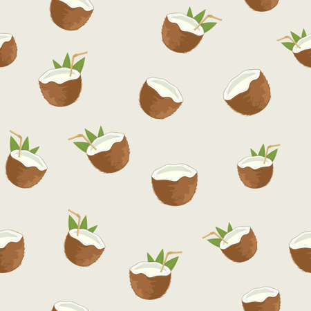 Seamless summer background with fresh coconut. Cocktail with coconut milk and straw. Illustration can be used for wallpaper design, pattern fill, web page background, wrapping paperのイラスト素材