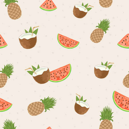Seamless summer background with fresh coconut cocktail, watermelon and pineapple. Illustration can be used for wallpaper design, pattern fill, web page background, wrapping paperのイラスト素材