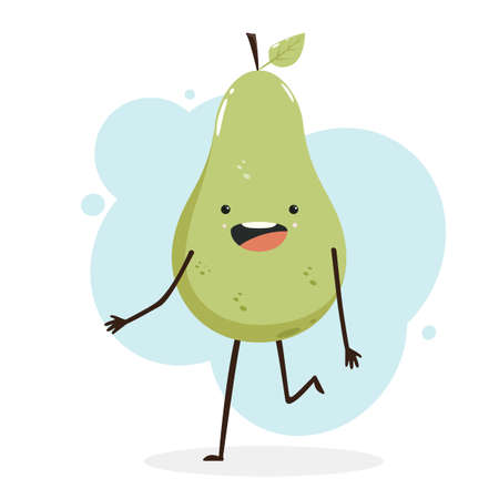 Happy cute kawaii pear. Funny fruit on white background. Pear cartoon character feeling happy. Concept of a happy healthy life. Illustration for paper, cover, cards, posters, banners, clothing designのイラスト素材