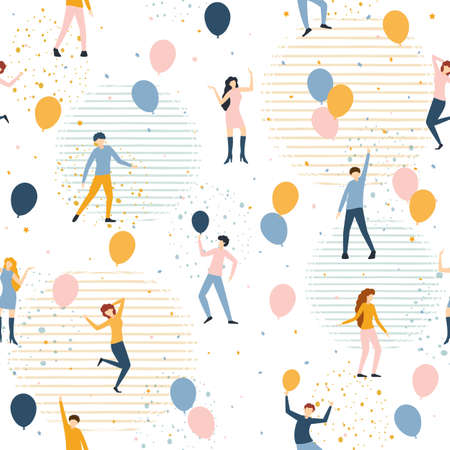 Set of happy men and women. Seamless pattern with dancing people. Birthday party. Flat cartoon illustration for holiday background, paper, cover, print, fabric, textile, interior decor and other usersのイラスト素材