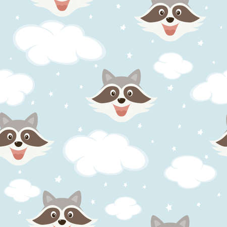 Seamless pattern with cute raccoon, clouds and stars on blue sky background. Illustration can be used for children's clothing design, wallpaper, pattern fills, web page background, wrapping paperのイラスト素材