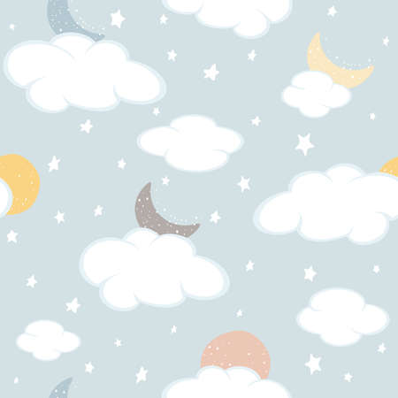 Seamless pattern with moon, clouds and stars on blue background. Illustration can be used for children's clothing design, wallpaper, pattern fills, web page background, wrapping paper, cover, cardsのイラスト素材