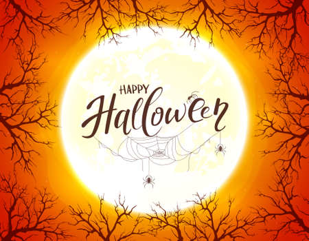 Lettering Happy Halloween on orange background with big Moon ant trees. Card with black spiders, cobwebs and flying bats. Illustration can be used for children's holiday design, decoration, card, bannerのイラスト素材