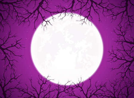 Lettering Happy Halloween on purple background with big Moon ant trees. Holiday card. Illustration can be used for children's holiday design, decorations, cards, banners and otherのイラスト素材
