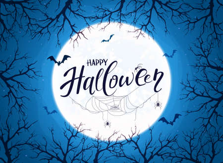 Lettering Happy Halloween on blue background with big Moon ant trees. Card with black spiders, cobwebs and flying bats. Illustration can be used for children's holiday design, decoration, card, bannerのイラスト素材