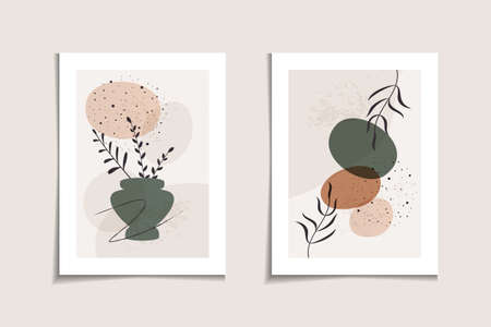 Templates for contemporary art wall decoration. Floral abstract paintings in a modern style. Minimalistic geometric image. Simple color palette. Illustration can be used for design, banners and otherのイラスト素材