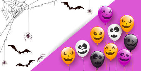 Spider on spiderweb, bats and set of orange, white, black, purple balloons with scary smiles on purple and white background. Illustration for children's holiday design, decoration, card, bannerのイラスト素材