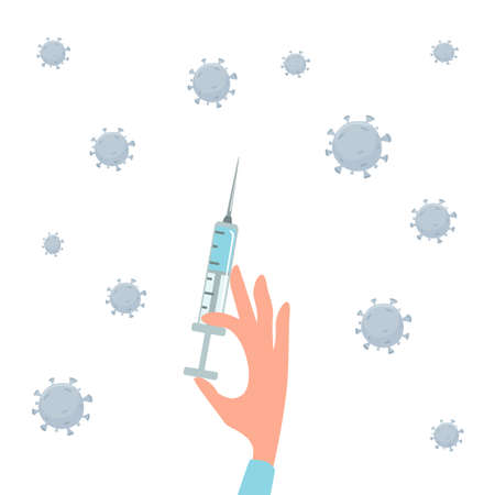 Hand with a syringe and pandemic. Stop viruses. Vaccination time concept. Syringe with vaccine. A medical healthcare professional. Illustration for medical theme, design, banner, vaccinationのイラスト素材