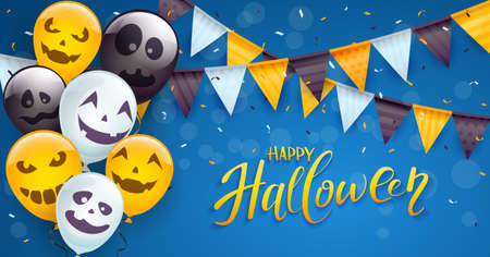 Set of orange, white and black balloons with scary smiles, colored pennants and streamers on blue background. Illustration can be used for children's holiday design, decoration, card, bannerのイラスト素材