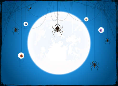 Full Moon on blue sky background. Banner with scary eyes and black spiders on cobwebs. Illustration can be used for holiday cards, backdrops, children's design, invitations and banners.のイラスト素材