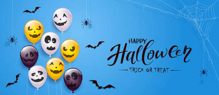 Spider on spiderweb, bats and set of orange, white, black balloons with scary smiles isolated on blue background. Illustration can be used for children's holiday design, decoration, card, bannerのイラスト素材