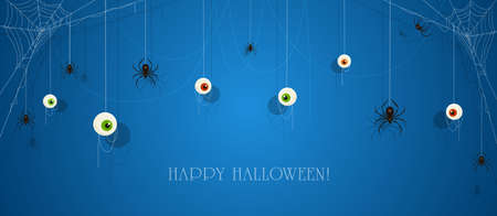 Text Happy Halloween on blue banner with scary eyes and black spiders on cobwebs. Illustration can be used for holiday cards, backdrops, children's clothing design, invitations and banners.のイラスト素材