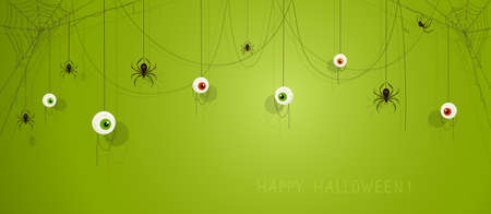 Text Happy Halloween on green banner with scary eyes and black spiders on cobwebs. Illustration can be used for holiday cards, backdrops, children's clothing design, invitations and banners.のイラスト素材